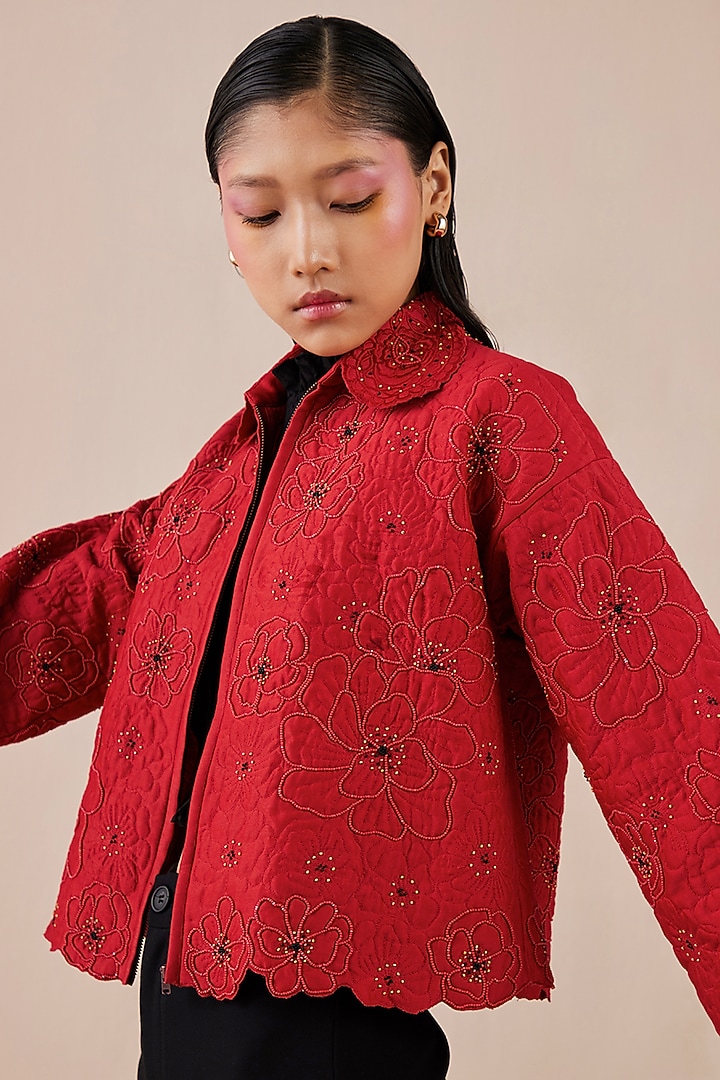 Red Chanderi Jacket by Chandrima at Pernia's Pop Up Shop