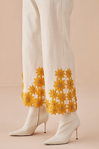 Ivory Embroidered Straight Pants by Chandrima