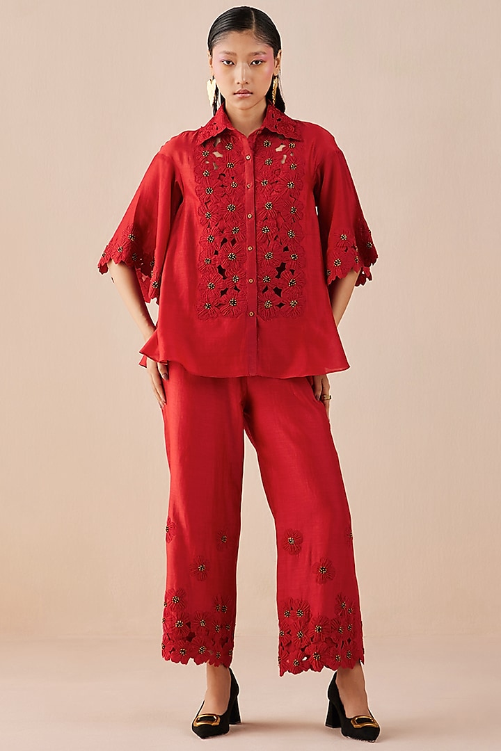 Red Embroidered Shirt by Chandrima
