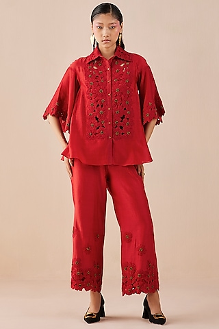 Red Embroidered Shirt by Chandrima