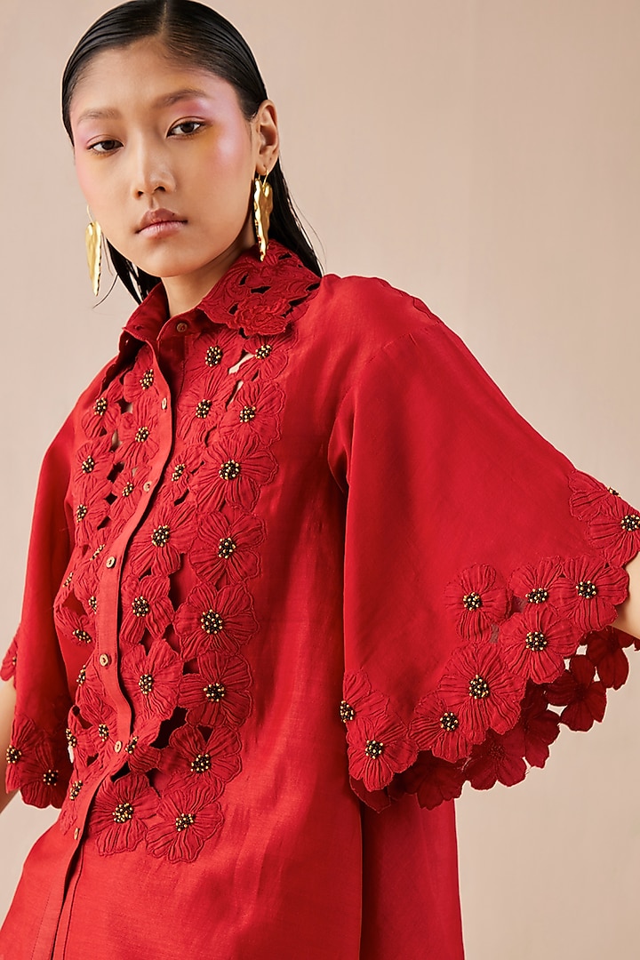 Red Embroidered Shirt by Chandrima at Pernia's Pop Up Shop