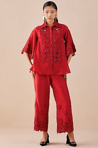 Red Chanderi Pants by Chandrima