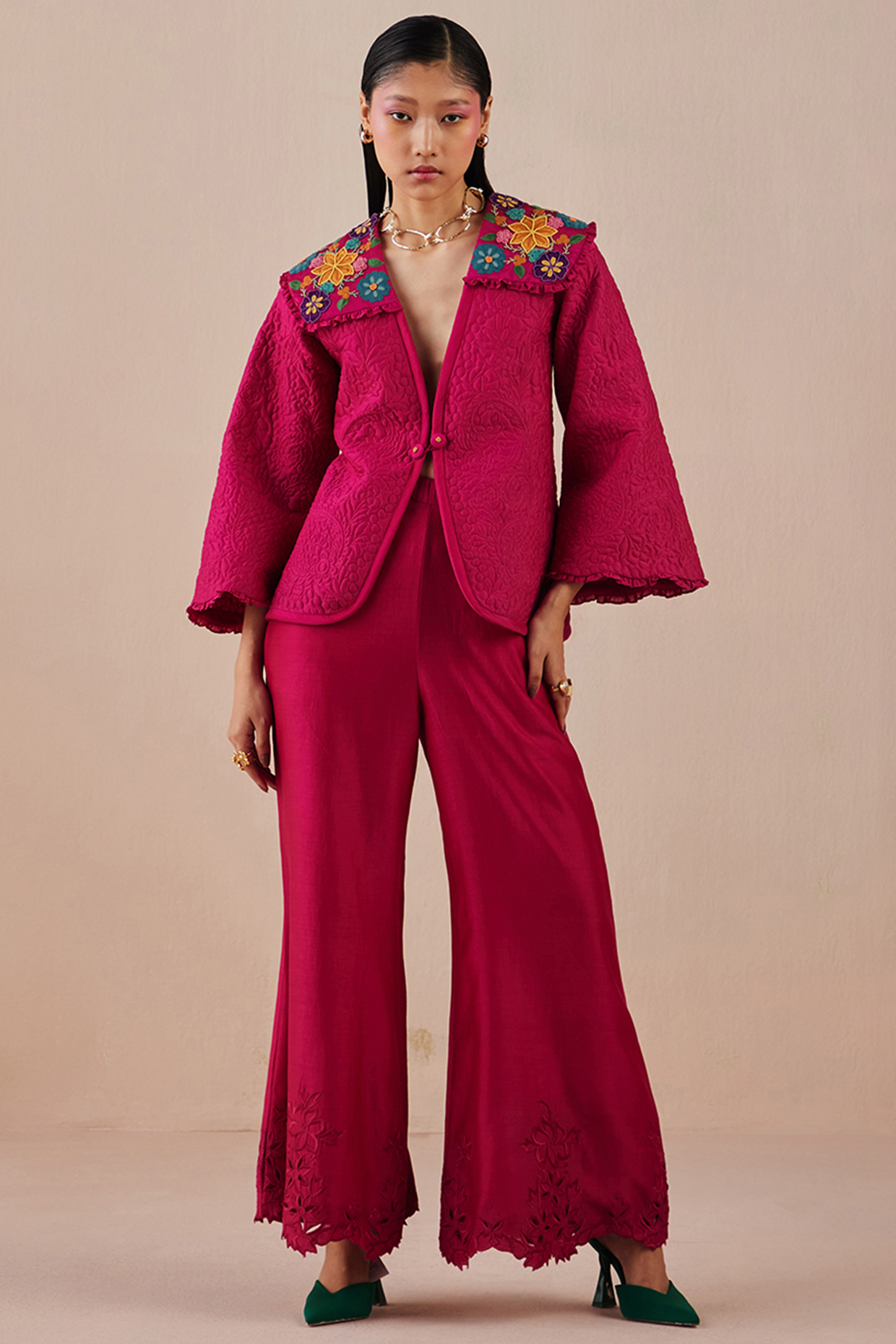 Fuchsia Embroidered Jacket by Chandrima at Pernia's Pop Up Shop