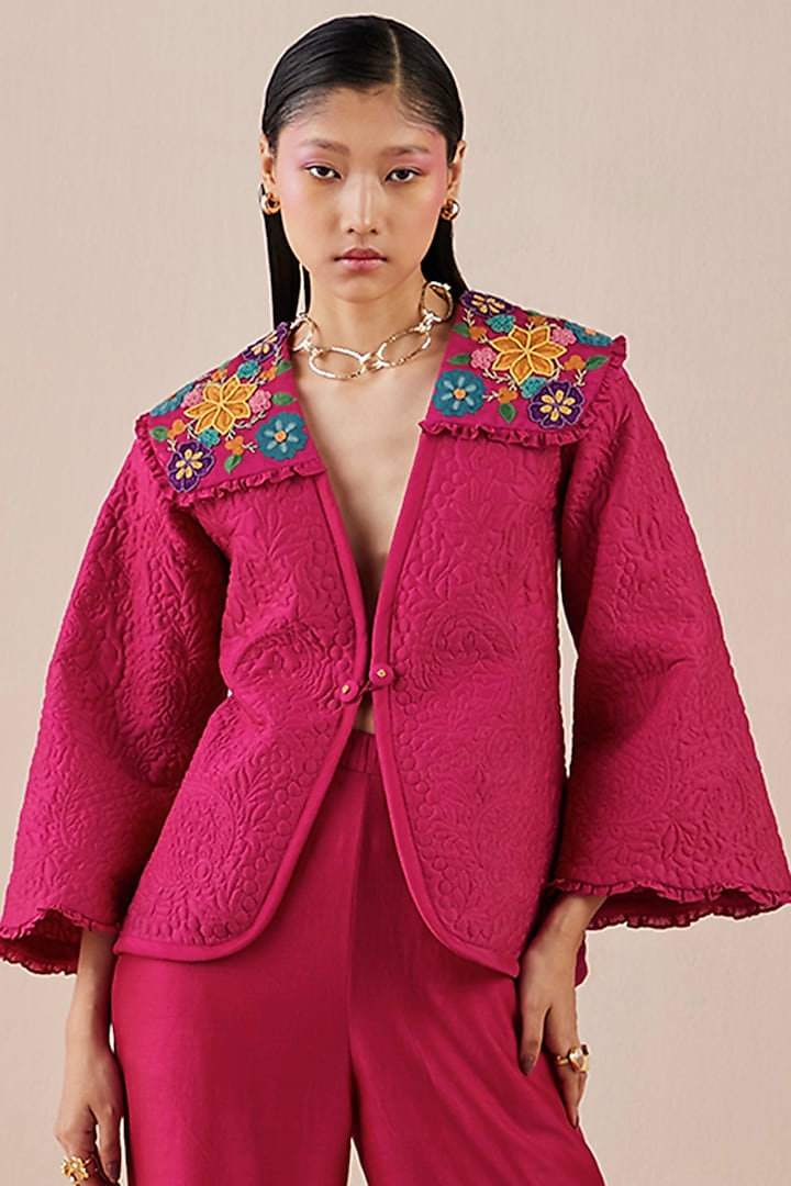 Fuchsia Embroidered Jacket by Chandrima at Pernia's Pop Up Shop