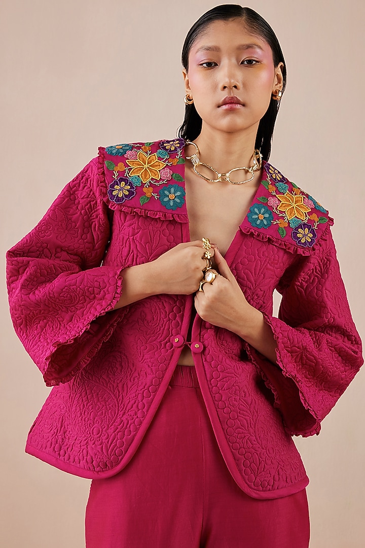 Fuchsia Chanderi Bell Bottom Pants by Chandrima at Pernia's Pop Up Shop