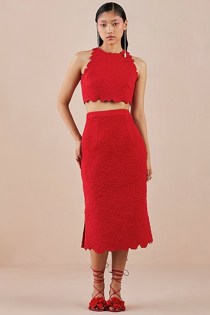 Red Faux Suede Pencil Skirt by Chandrima