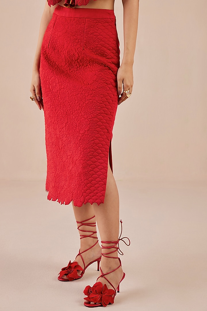 Red Faux Suede Pencil Skirt by Chandrima at Pernia's Pop Up Shop