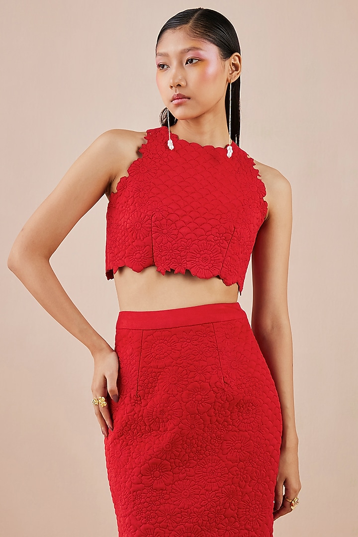 Red Faux Suede Pencil Skirt by Chandrima at Pernia's Pop Up Shop