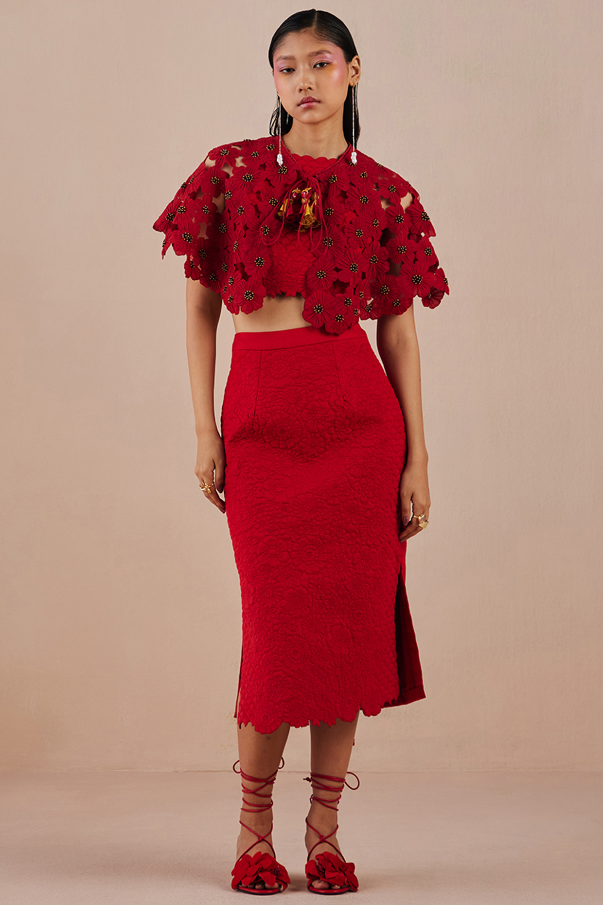 Red Embroidered Cape by Chandrima at Pernia's Pop Up Shop