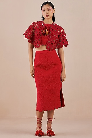 Red Embroidered Cape by Chandrima