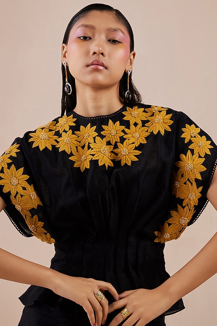 Black Chanderi Embroidered Top by Chandrima at Pernia's Pop Up Shop