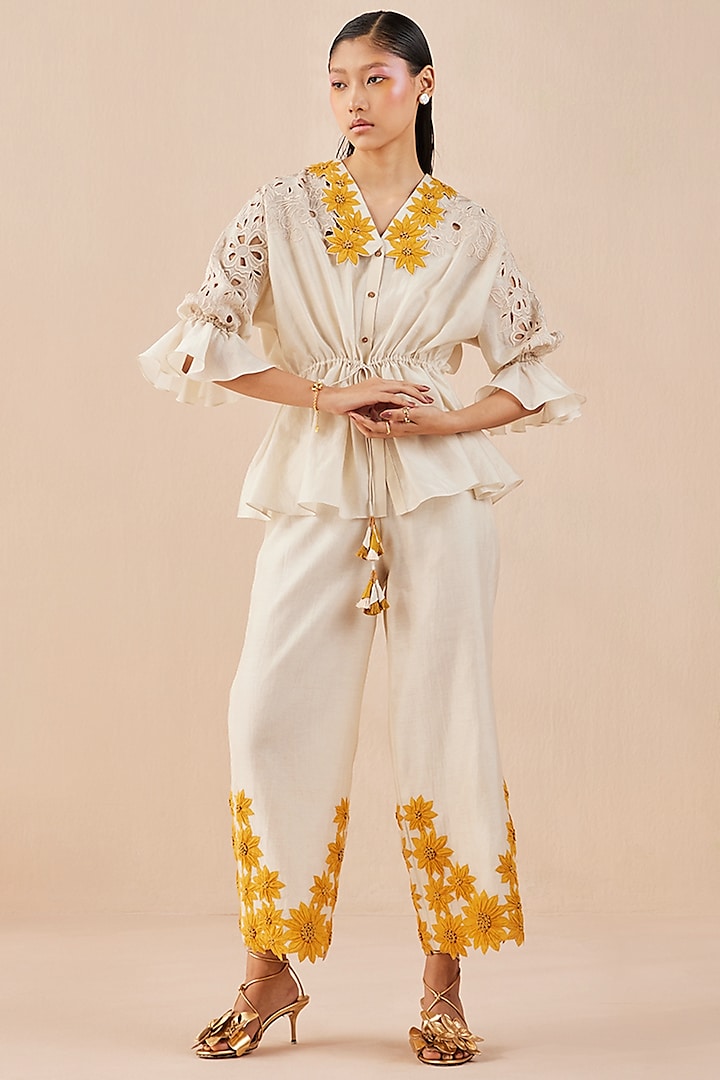 Ivory Embroidered Kimono Shirt by Chandrima