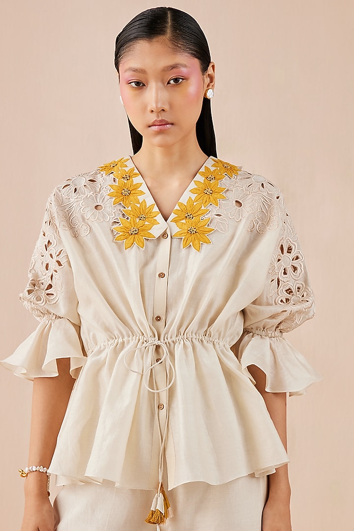 Ivory Embroidered Kimono Shirt by Chandrima at Pernia's Pop Up Shop