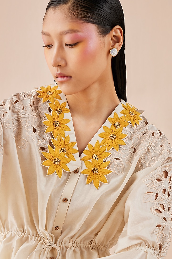 Ivory Embroidered Kimono Shirt by Chandrima at Pernia's Pop Up Shop