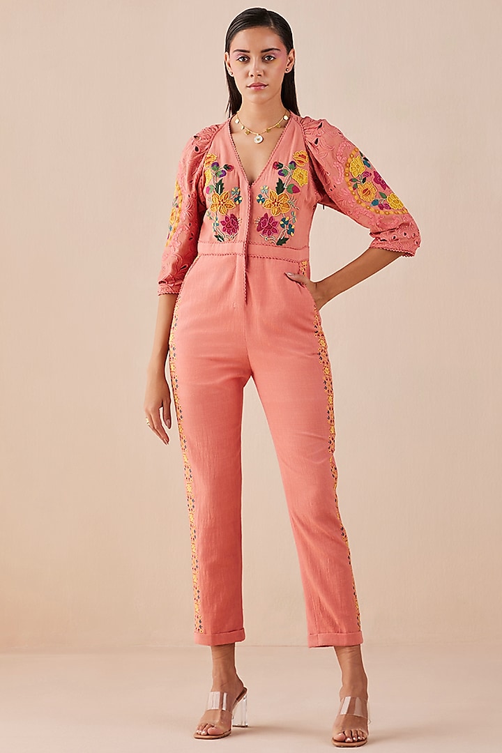 Blush Pink Embroidered Jumpsuit by Chandrima