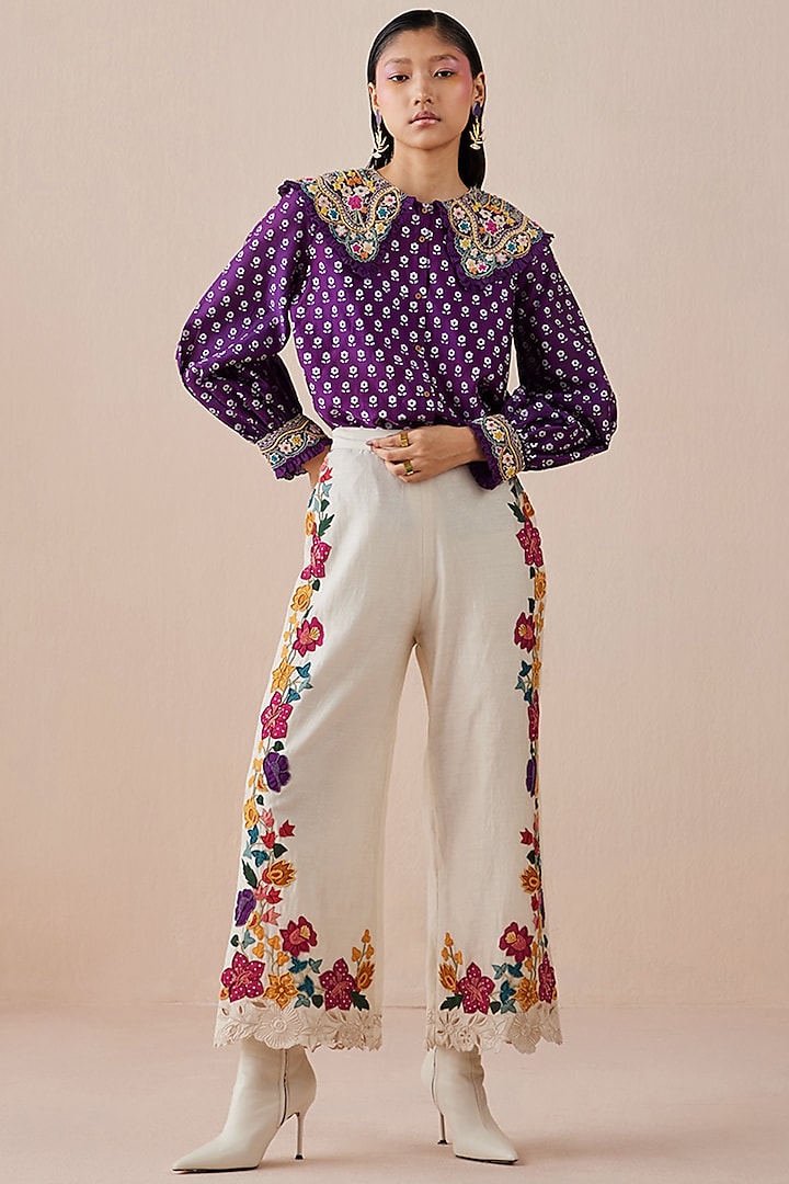 Ivory Embroidered Straight Pants by Chandrima