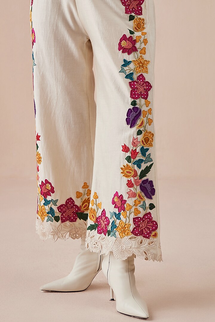 Ivory Embroidered Straight Pants by Chandrima at Pernia's Pop Up Shop