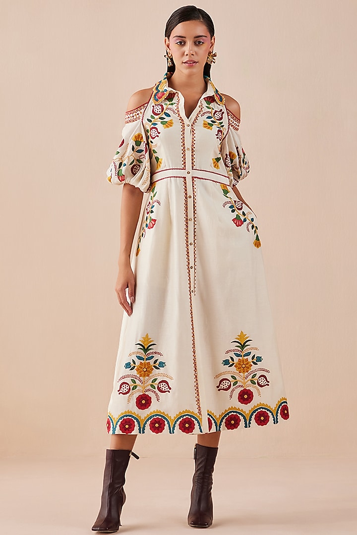 Ivory Embroidered Midi Dress by Chandrima