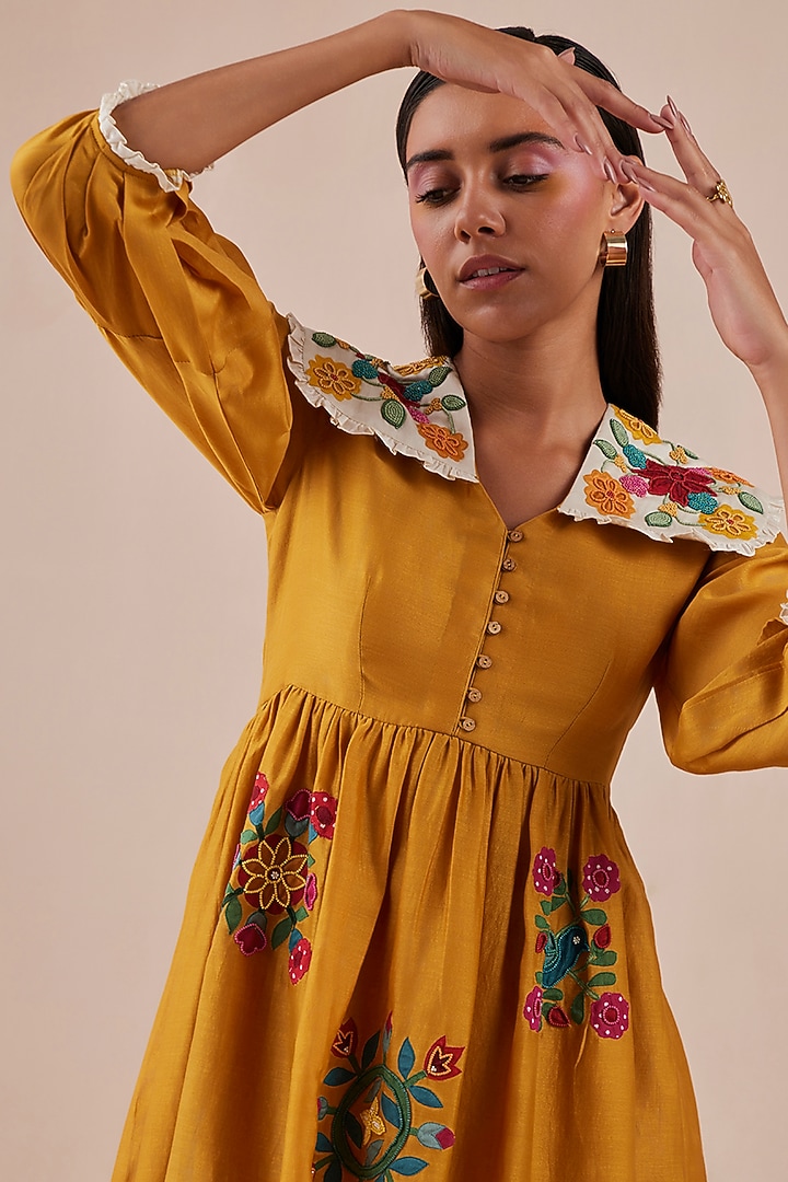 Yellow Embroidered Midi Cocktail Dress by Chandrima at Pernia's Pop Up Shop