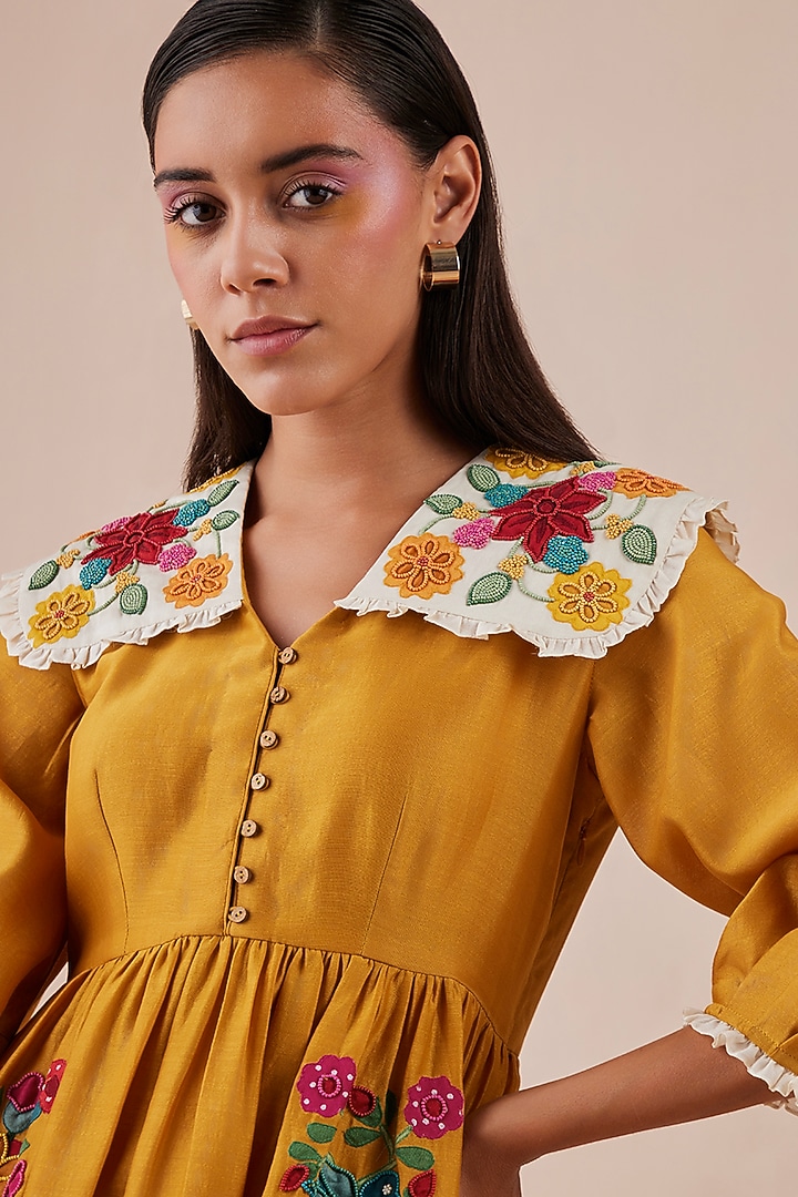 Yellow Embroidered Midi Cocktail Dress by Chandrima at Pernia's Pop Up Shop