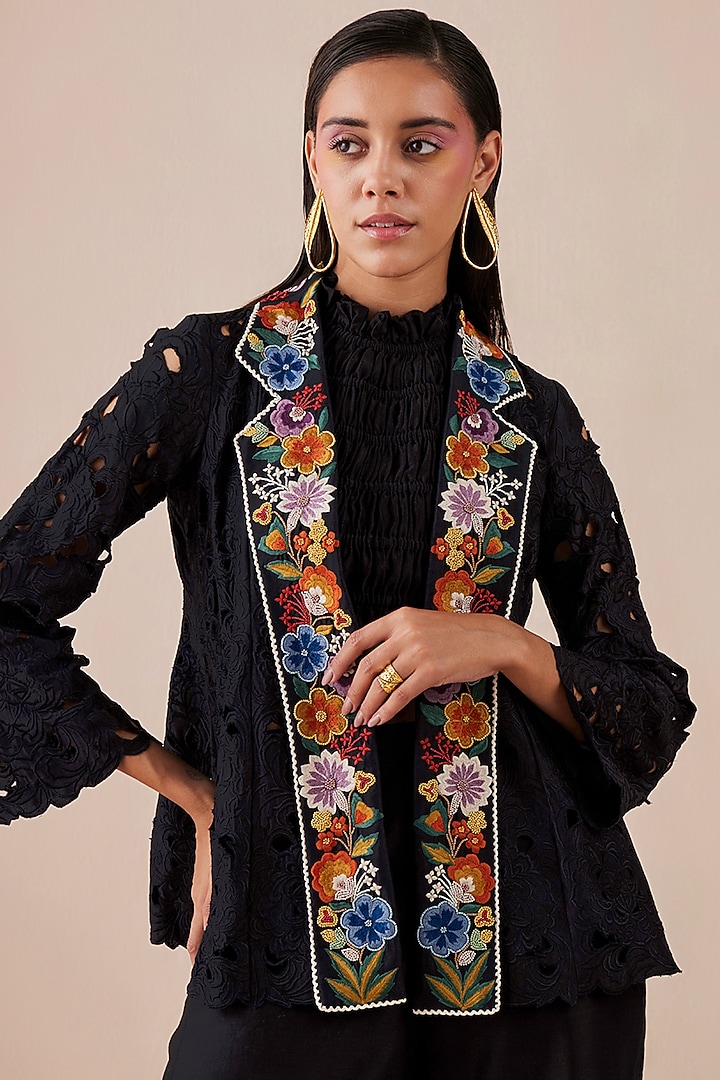 Black Embroidered Jacket by Chandrima at Pernia's Pop Up Shop