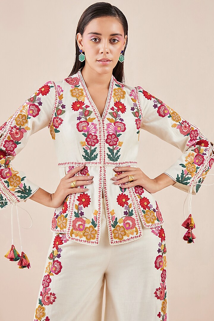 Ivory Embroidered Jacket by Chandrima at Pernia's Pop Up Shop