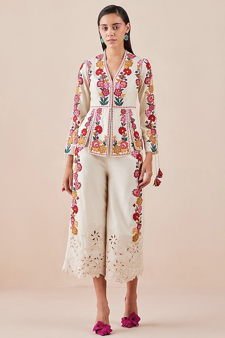 Ivory Chanderi Embroidered Pants by Chandrima