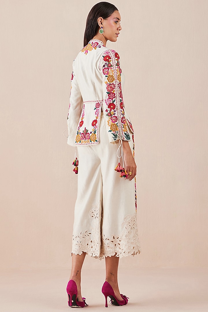 Ivory Chanderi Embroidered Pants by Chandrima at Pernia's Pop Up Shop