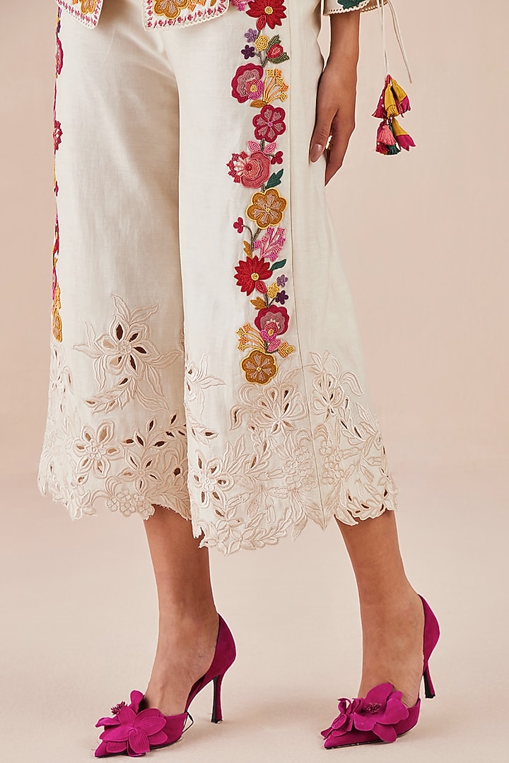Ivory Chanderi Embroidered Pants by Chandrima at Pernia's Pop Up Shop