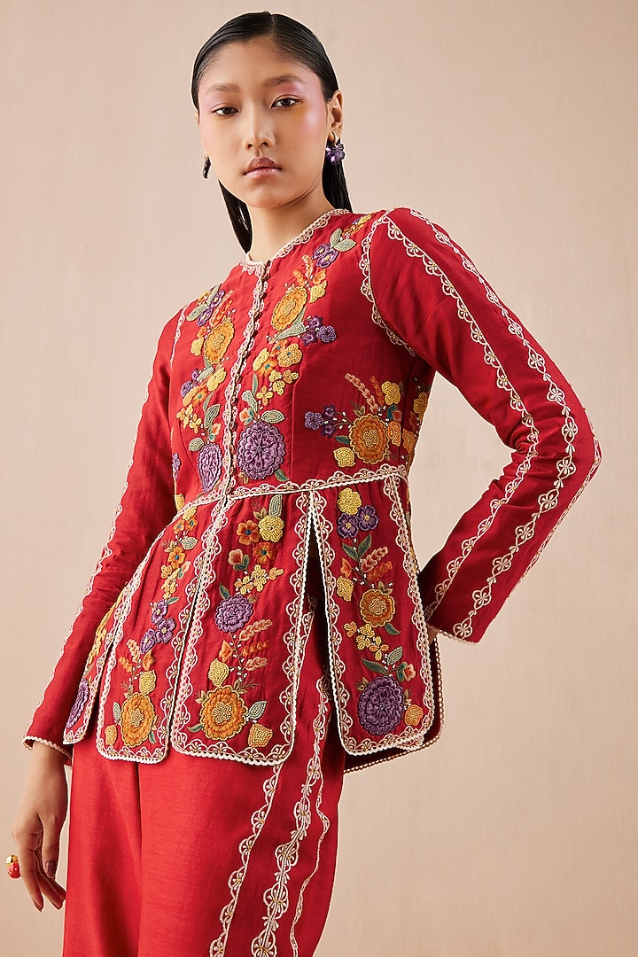 Red Embroidered Jacket by Chandrima at Pernia's Pop Up Shop