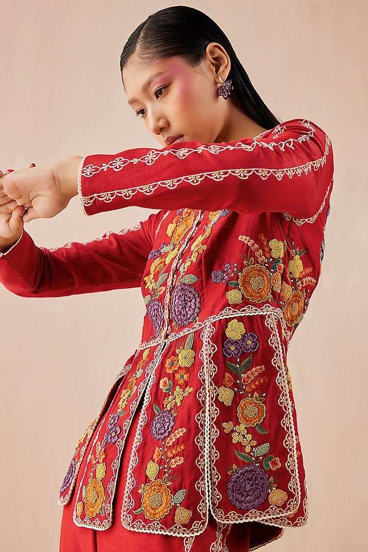 Red Embroidered Jacket by Chandrima at Pernia's Pop Up Shop