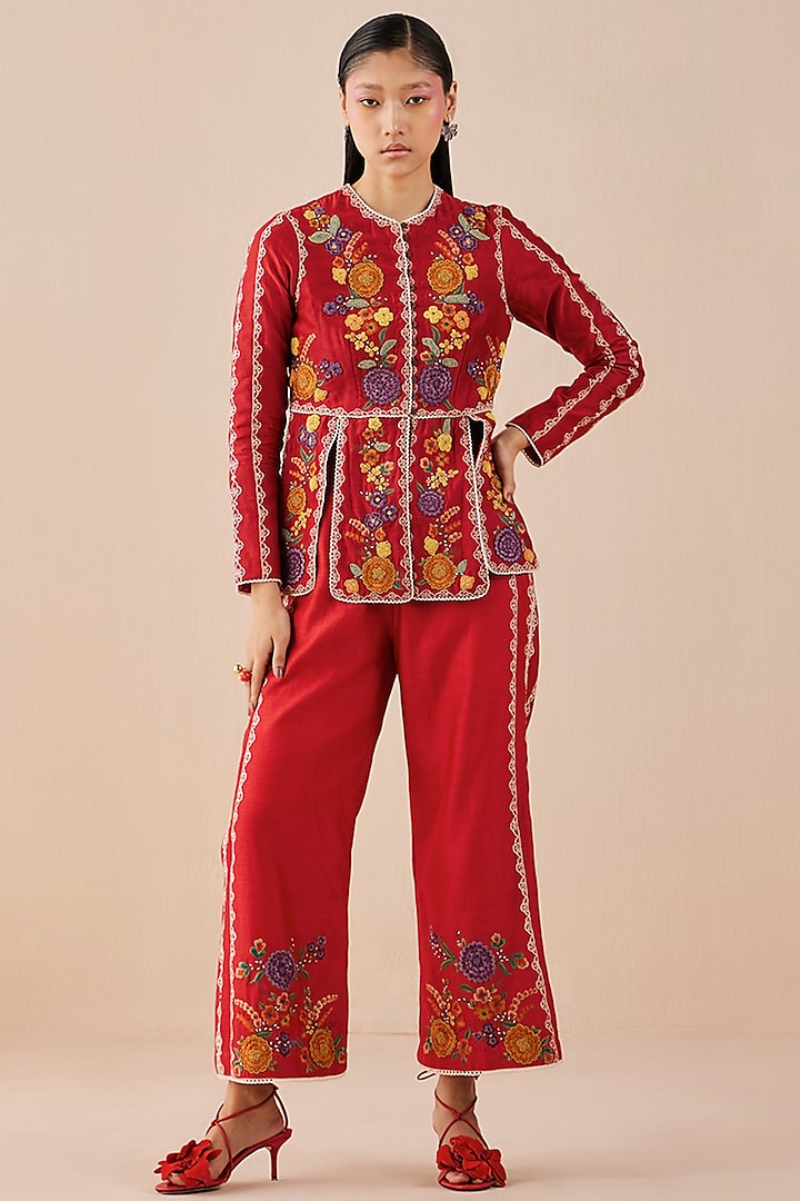 Red Embroidered Pants by Chandrima