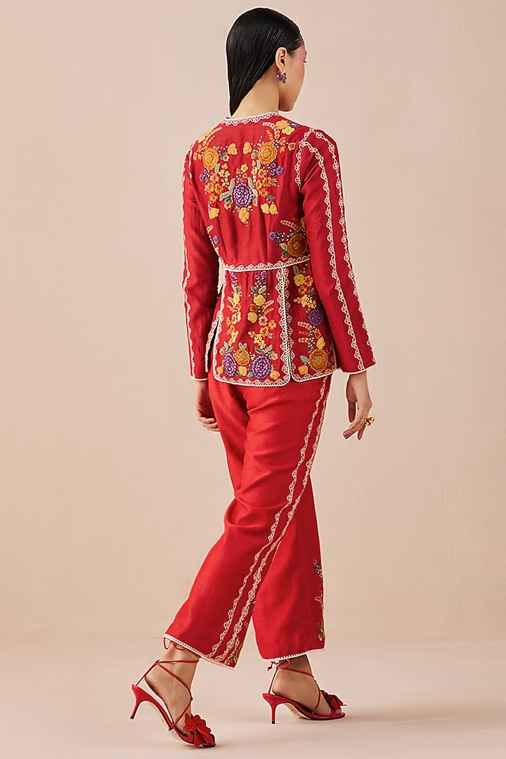 Red Embroidered Pants by Chandrima at Pernia's Pop Up Shop