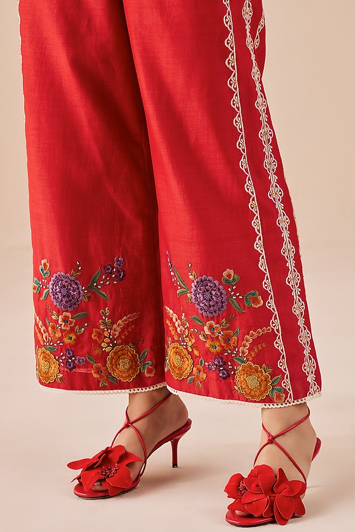 Red Embroidered Pants by Chandrima at Pernia's Pop Up Shop
