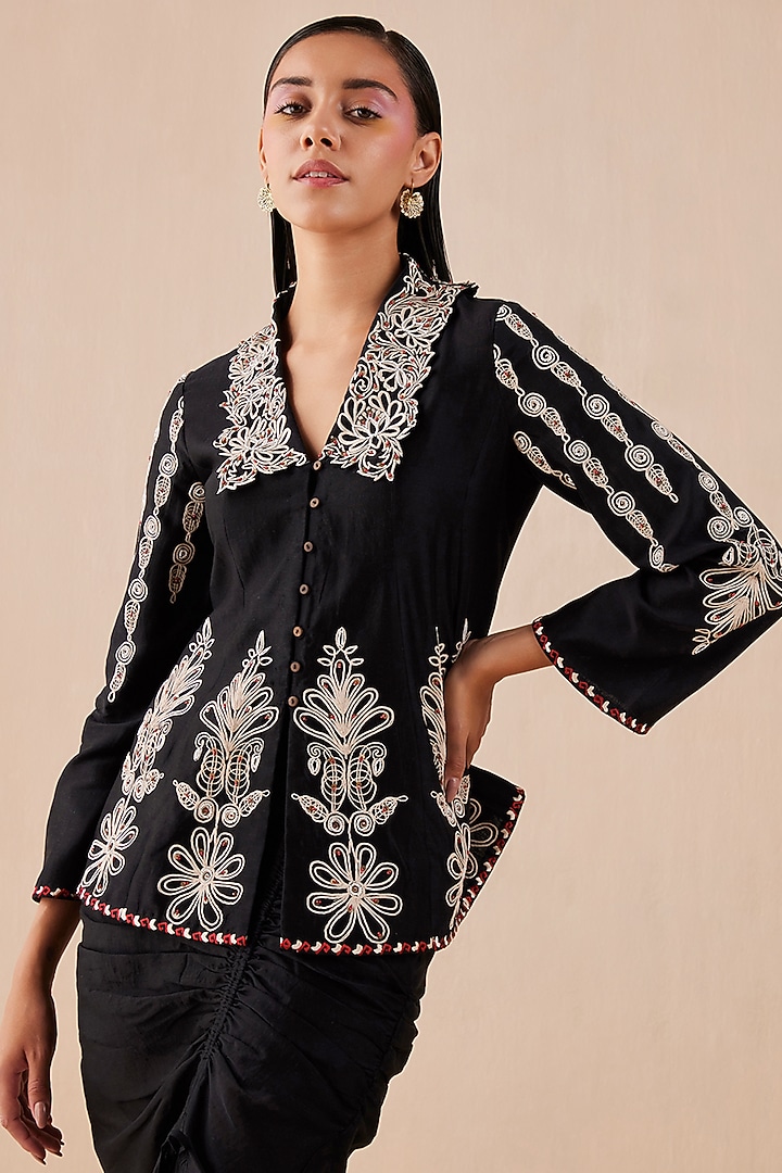Black Embroidered Jacket by Chandrima at Pernia's Pop Up Shop