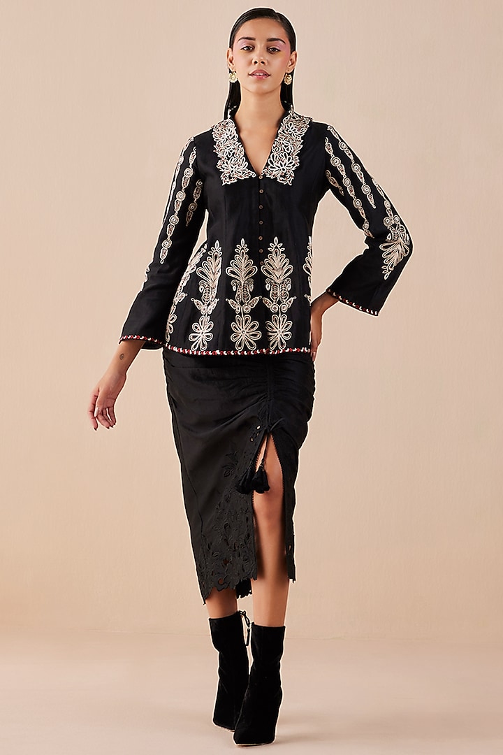 Black Chanderi Draped Skirt by Chandrima at Pernia's Pop Up Shop