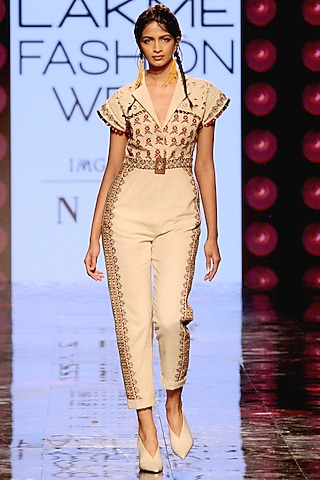 Ivory Thread Embroidered Jumpsuit by Chandrima