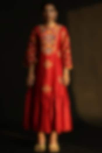 Red Gathered & Embroidered Dress by Chandrima at Pernia's Pop Up Shop