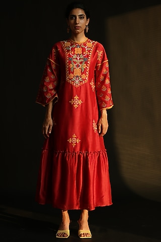 Red Gathered & Embroidered Dress by Chandrima