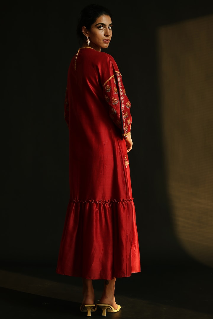 Red Gathered & Embroidered Vacation Dress by Chandrima at Pernia's Pop Up Shop