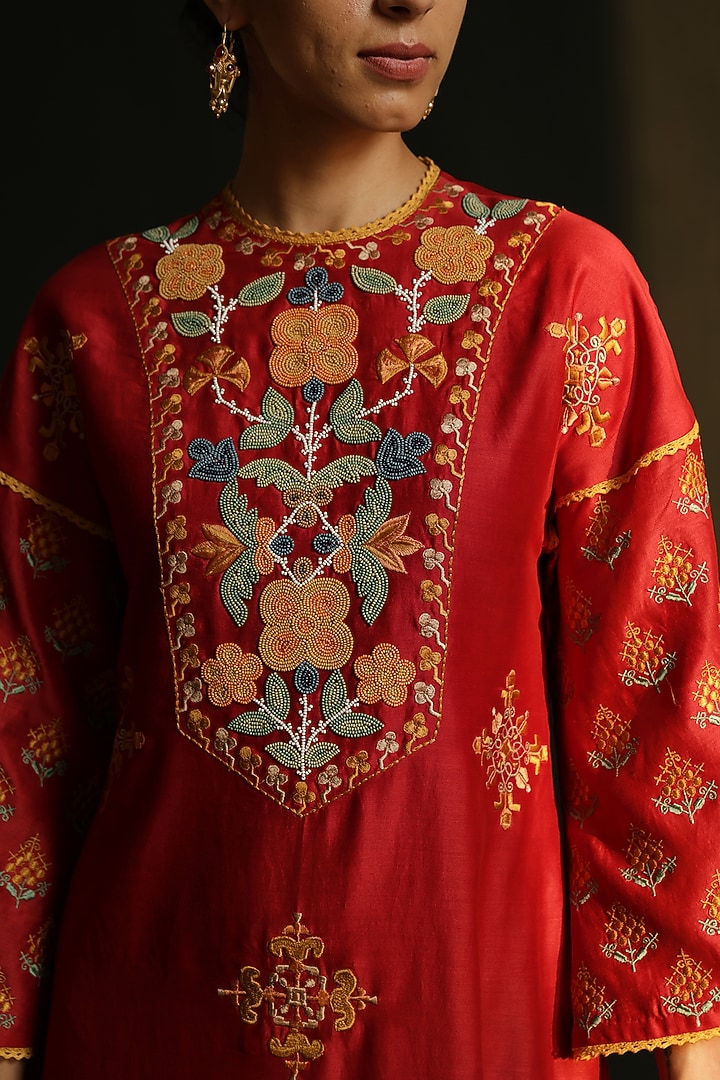 Red Gathered & Embroidered Vacation Dress by Chandrima at Pernia's Pop Up Shop