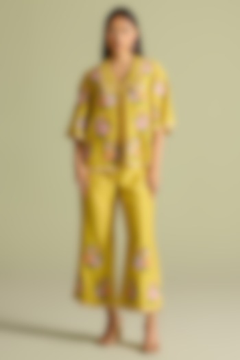 Yellow Chanderi Floral Work Pants by Chandrima at Pernia's Pop Up Shop