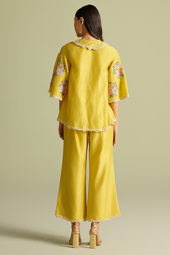 Yellow Chanderi Floral Work Pants by Chandrima at Pernia's Pop Up Shop