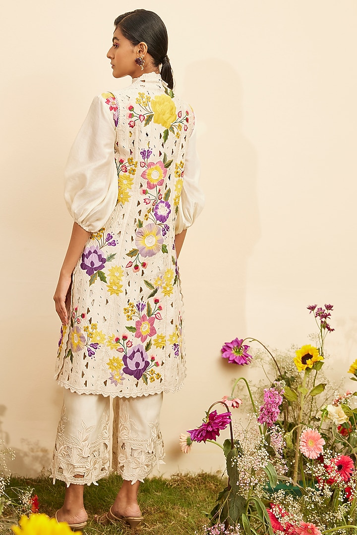 Ivory Kala Cotton Embroidered Long Jacket by Chandrima at Pernia's Pop Up Shop
