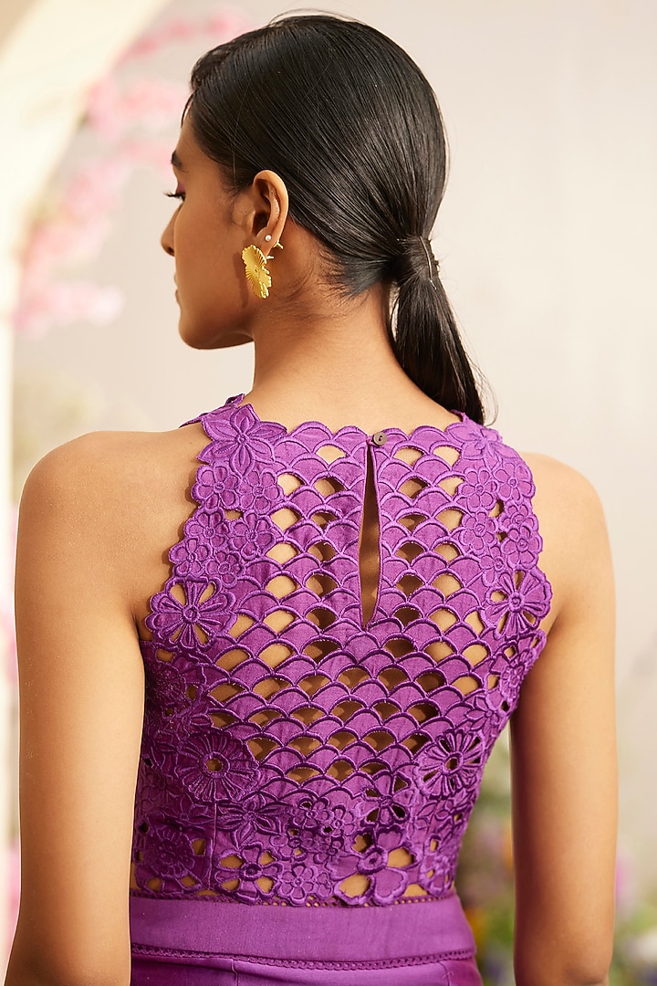 Purple Chanderi Cutwork Cropped Top by Chandrima at Pernia's Pop Up Shop