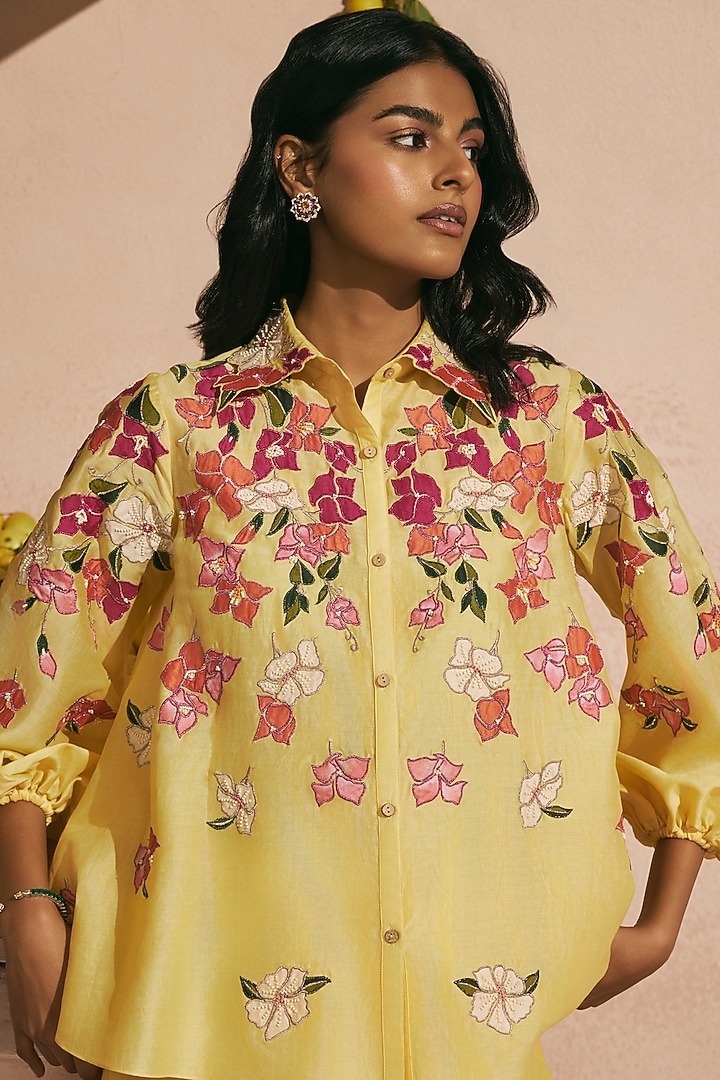 Butter Yellow Chanderi Applique Work Shirt by Chandrima at Pernia's Pop Up Shop
