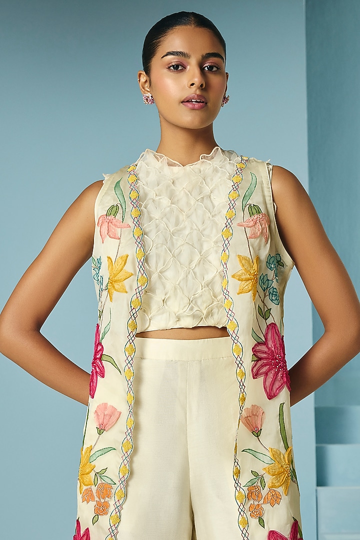 Ivory Chanderi 3D Organza Scalloped Crop Top by Chandrima at Pernia's Pop Up Shop