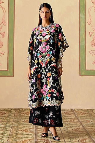 Black Chanderi Applique Beadwork Tulip Pants by Chandrima