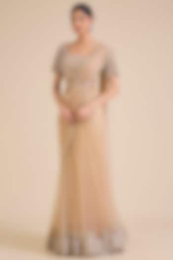 Gold Net Crystal Embroidered Bridal Lehenga Saree Set by Cherie D at Pernia's Pop Up Shop