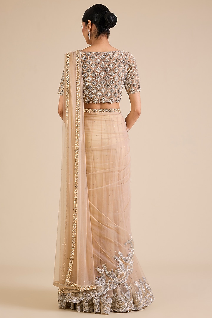 Gold Net Crystal Embroidered Bridal Lehenga Saree Set by Cherie D at Pernia's Pop Up Shop